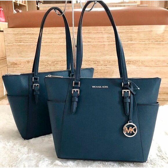 S Michael Kors Charlotte Large Tote Navy Saffiano Leather 35TOSCFT7L $448 - Picture 2 of 11